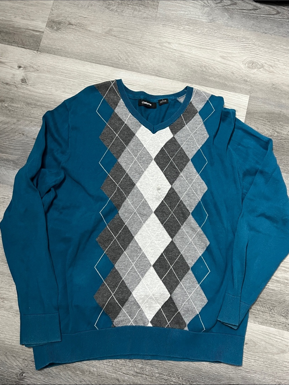 Claiborne Teal and Gray Argyle V-Neck Sweater